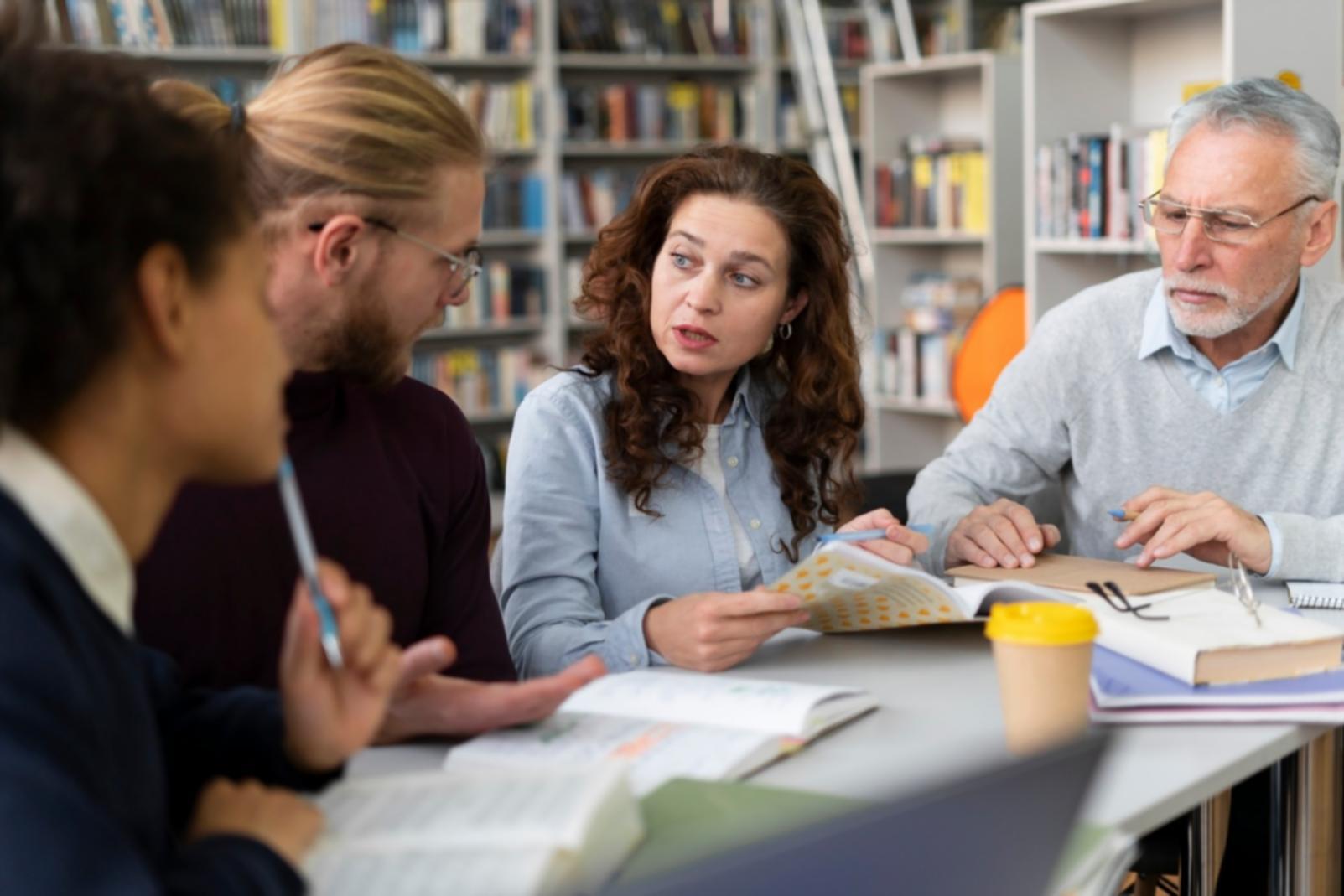 Team collaborating on educational materials